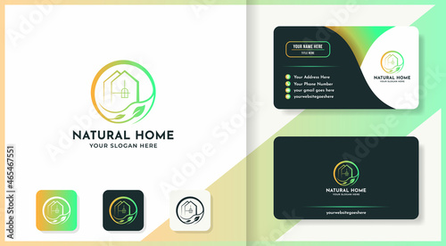 leaf house logo design use line art style and business card