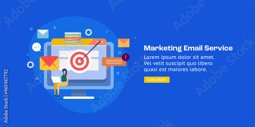 Businesswoman using email marketing software reaching out customer, targeting subscribers, email message send with automated technology system, company email, newsletter, inbox, concept. Web banner.