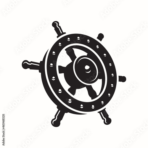 Ship Wheel Black and white logo design. steer ship logo design.