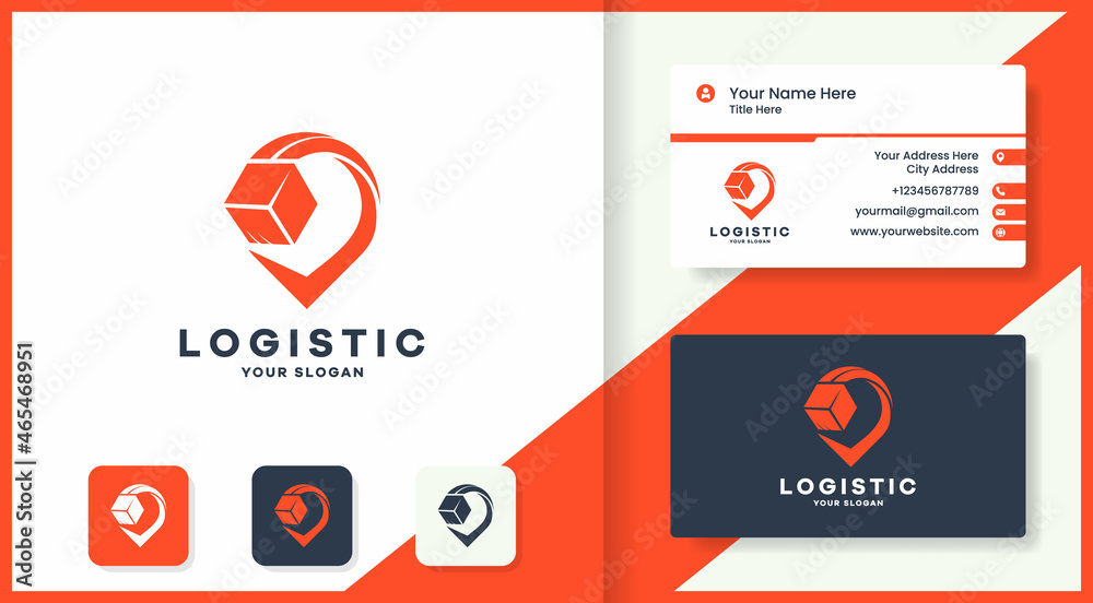 box with pin location forming a check mark logo and business card design box with pin location forming a check mark logo and business card design