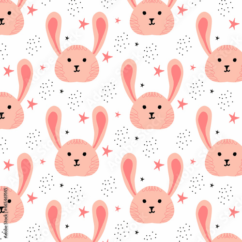 Childish hand-drawn seamless pattern with pink bunny and stars. Cute pattern with hares. The pattern is suitable for fabrics  prints  postcards.