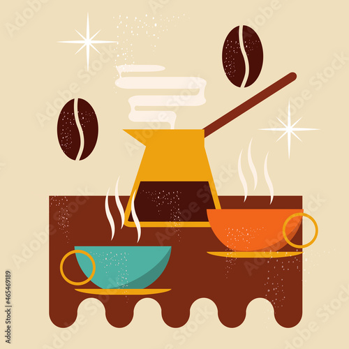 vector flat illustration in vintage retro style. cezve with coffee, two steaming cups of coffee, coffee beans.