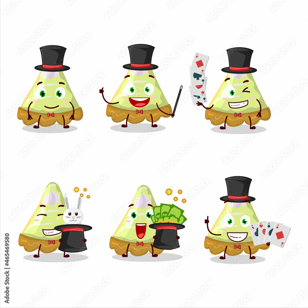 Naklejka premium A slice of key lime pie Magician cartoon character perform on a stage