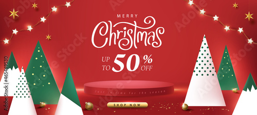Merry Christmas sale promotion poster banner with product display cylindrical shape and christmas tree paper cut style