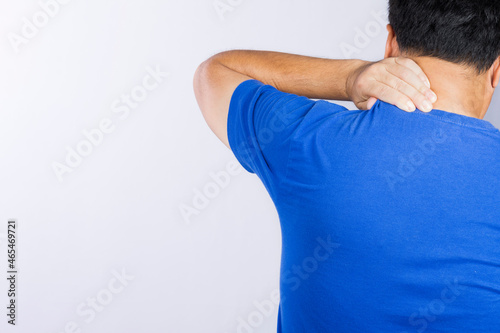 man with neck pain and back pain on a white background