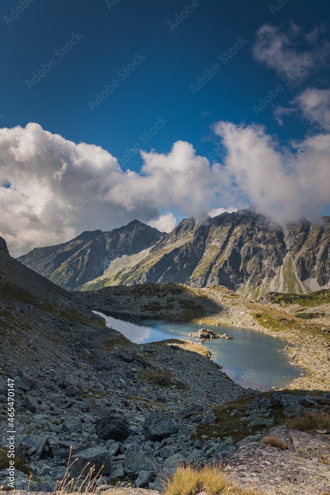 Scenic view of mountain lake Zabie pleso located near Rysy peak in High Tatras mountains, Slovakia