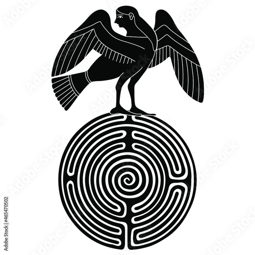 Fantastic ancient Greek siren bird with female head on top of a round spiral maze or labyrinth symbol. Creative concept. Black and white negative silhouette.