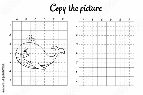 Copy the picture. Draw by grid. Coloring book pages for kids. Handwriting practice, drawing skills training. Education developing printable worksheet. Activity page. Cute cartoon vector illustration.