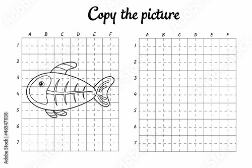 Copy the picture. Draw by grid. Coloring book pages for kids. Handwriting practice, drawing skills training. Education developing printable worksheet. Activity page. Cute cartoon vector illustration.