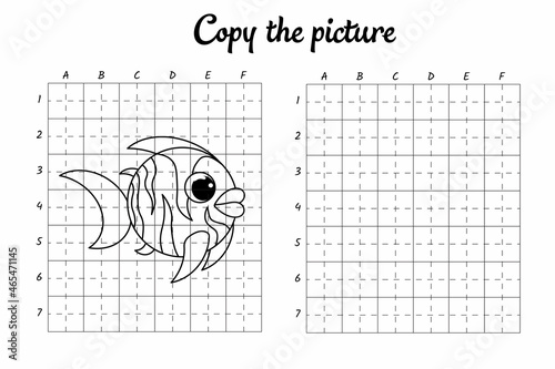 Copy the picture. Draw by grid. Coloring book pages for kids. Handwriting practice, drawing skills training. Education developing printable worksheet. Activity page. Cute cartoon vector illustration.