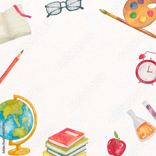 Education frame vector of classroom essentials in watercolor
