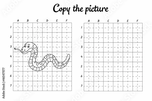 Copy the picture. Draw by grid. Coloring book pages for kids. Handwriting practice, drawing skills training. Education developing printable worksheet. Activity page. Cute cartoon vector illustration.