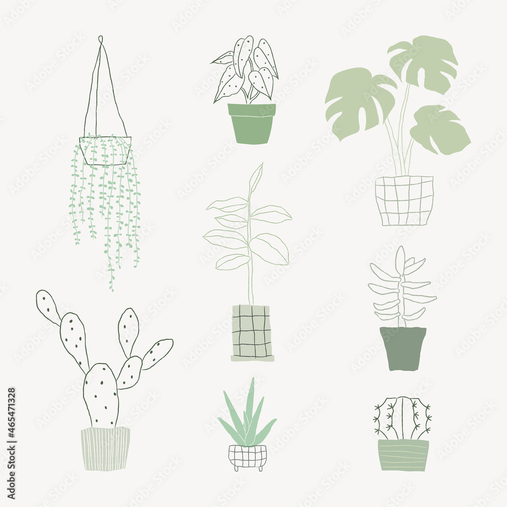 Simple green houseplant doodle vector set