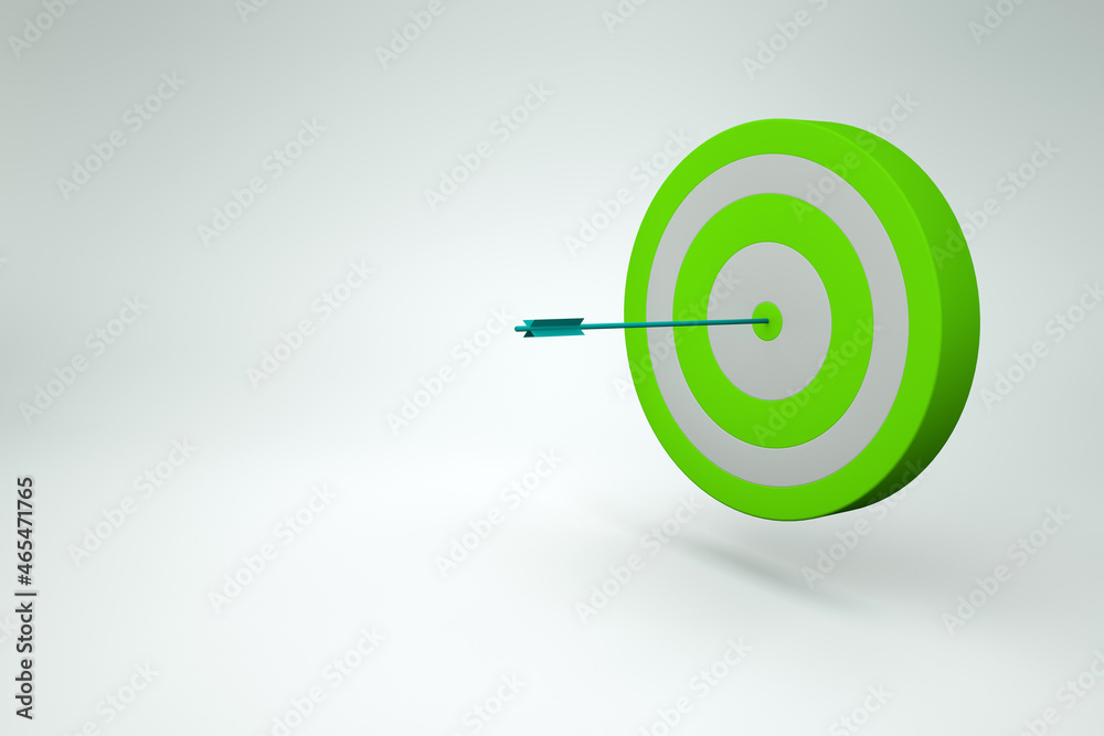 Green realistic target with a dart on a white isolated background. 3D graphic model of darts, targets with a dart in the middle. 3D graphics