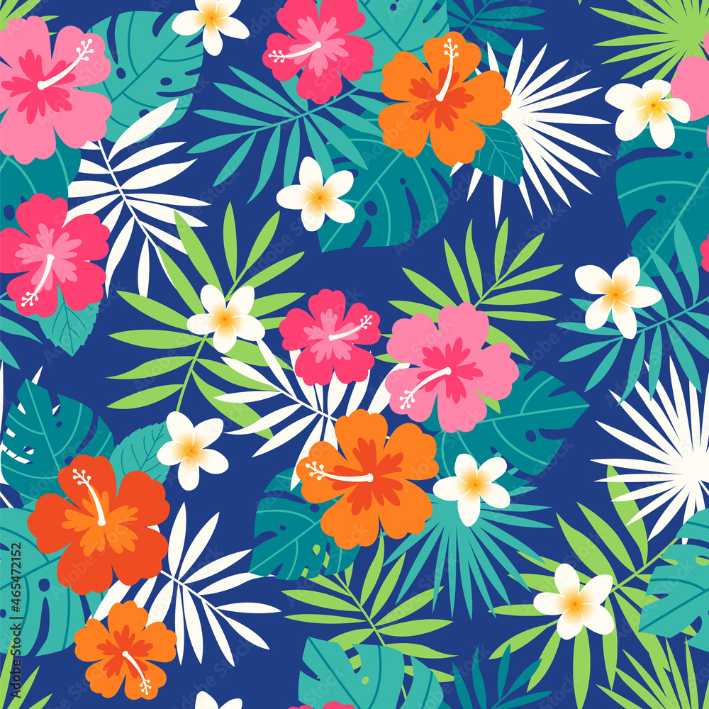 Hibiscus, frangipani and palm leaf pattern vector background