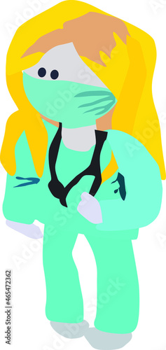 female doctor in a suit and mask with a stethoscope, vector drawing, isolate on a white background