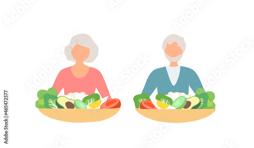 Health food for elderly couple concept, old man and woman eating healthy food vector illustration