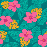 Hibiscus, monstera and palm leaf seamless pattern vector.