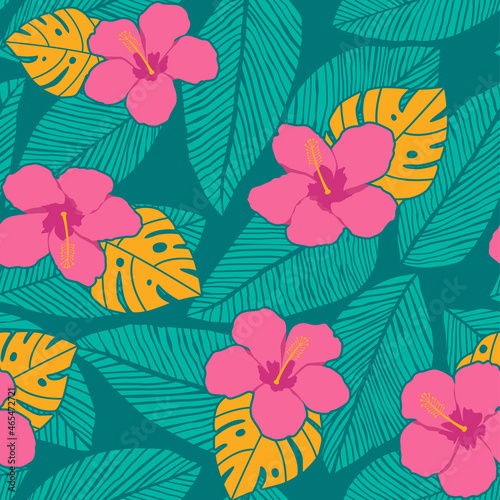 Hibiscus  monstera and palm leaf seamless pattern vector.