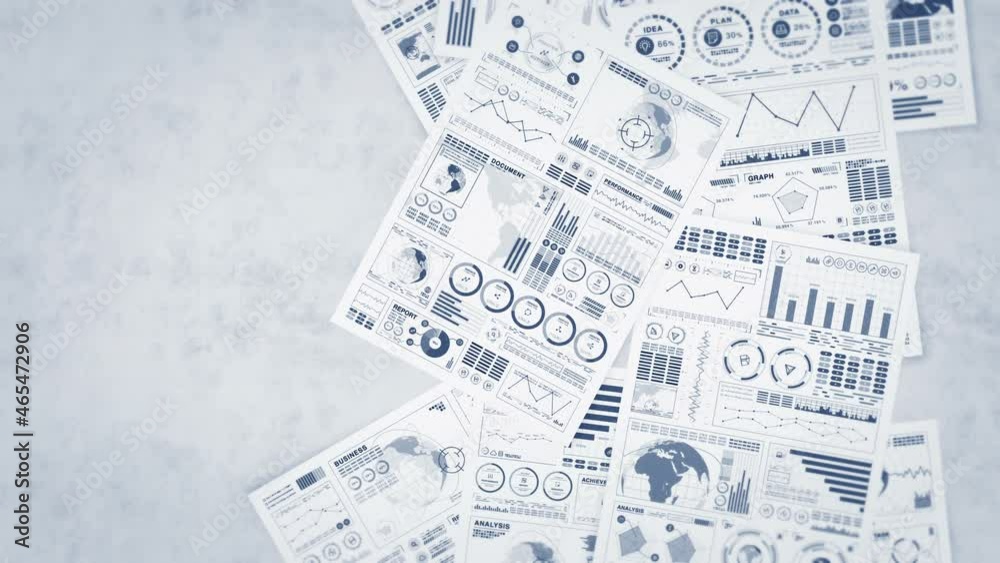 Many documents of business on white desk in office. Business concept. Moving graph and chart. Loop animation. Many documents of business on white desk in office. Business concept. Moving graph and chart. Loop animation.