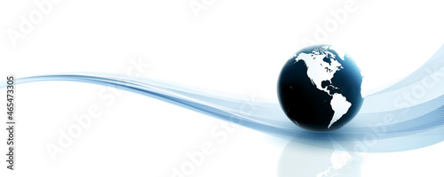 白い背景に、アメリカ大陸を中心とした地球と、曲線の未来的イメージ。