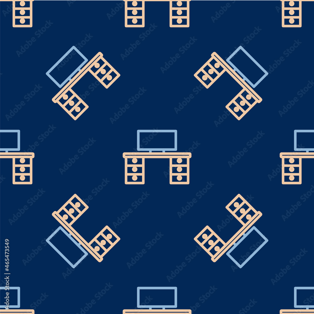 Line Office desk icon isolated seamless pattern on blue background. Vector Line Office desk icon isolated seamless pattern on blue background. Vector
