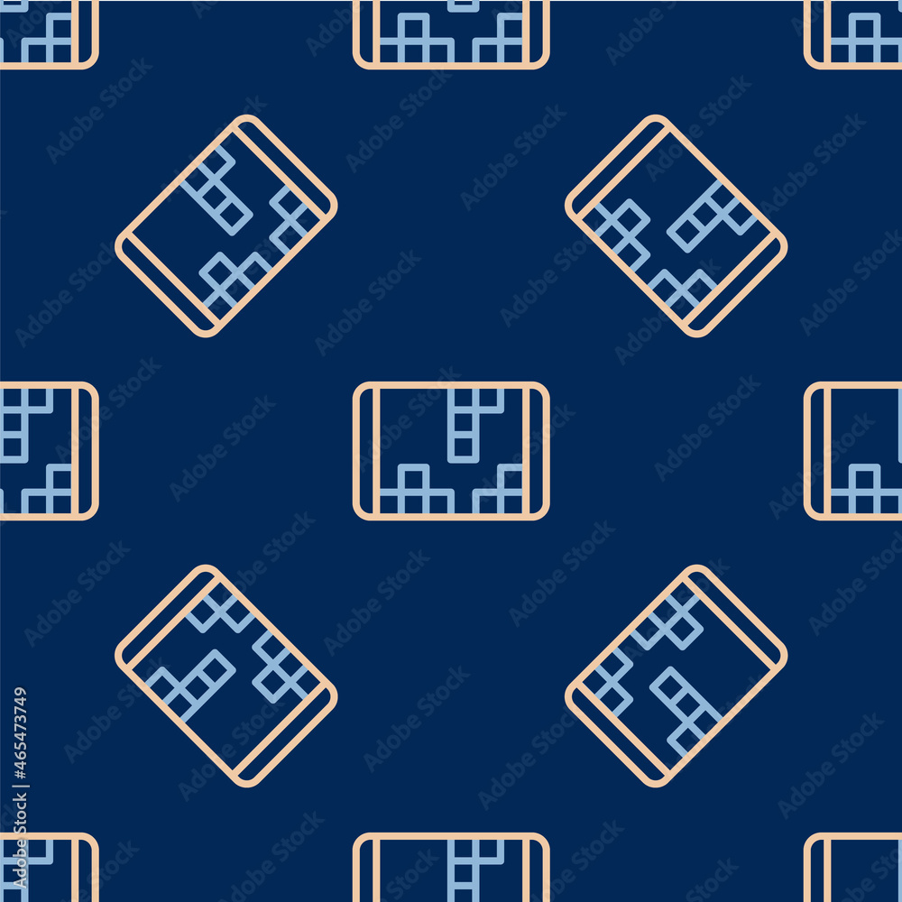 Line Portable video game console icon isolated seamless pattern on blue background. Handheld console gaming. Vector