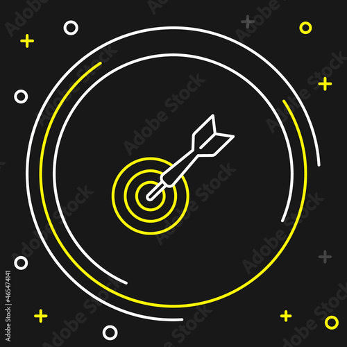 Line Classic dart board and arrow icon isolated on black background. Dartboard sign. Game concept. Colorful outline concept. Vector