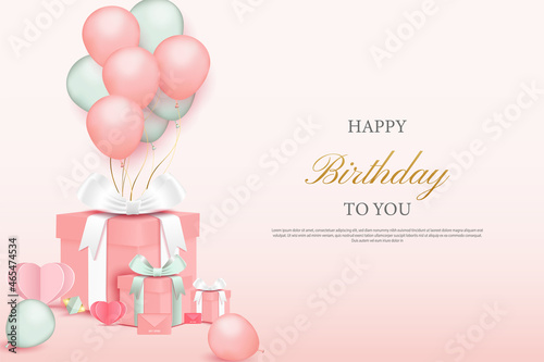 happy birthday with realistic 3d gift box and balloon background. © safri
