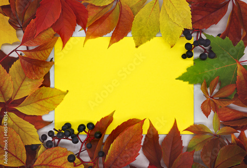 Autumn frame made of bright leaves and berries. Inside there is free space for text on a yellow sheet of paper.