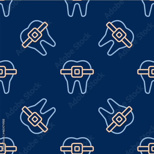 Line Teeth with braces icon isolated seamless pattern on blue background. Alignment of bite of teeth, dental row with with braces. Dental concept. Vector