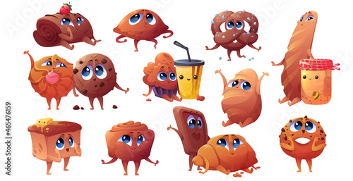 Cartoon bakery cute characters, cheerful croissant, bun, cinnabon and chocolate cookie with pretzel, muffin with coffee, loaf with honey jar and patty with roll funny confectionery mascots vector set