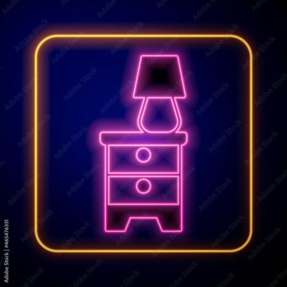 Glowing neon Furniture nightstand with lamp icon isolated on black background. Vector Glowing neon Furniture nightstand with lamp icon isolated on black background. Vector