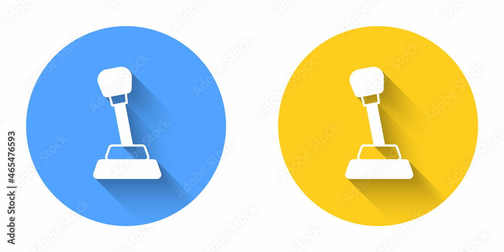 White Gear shifter icon isolated with long shadow background. Manual transmission icon. Circle button. Vector White Gear shifter icon isolated with long shadow background. Manual transmission icon. Circle button. Vector