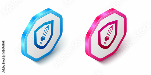 Isometric Sword for game icon isolated on white background. Hexagon button. Vector