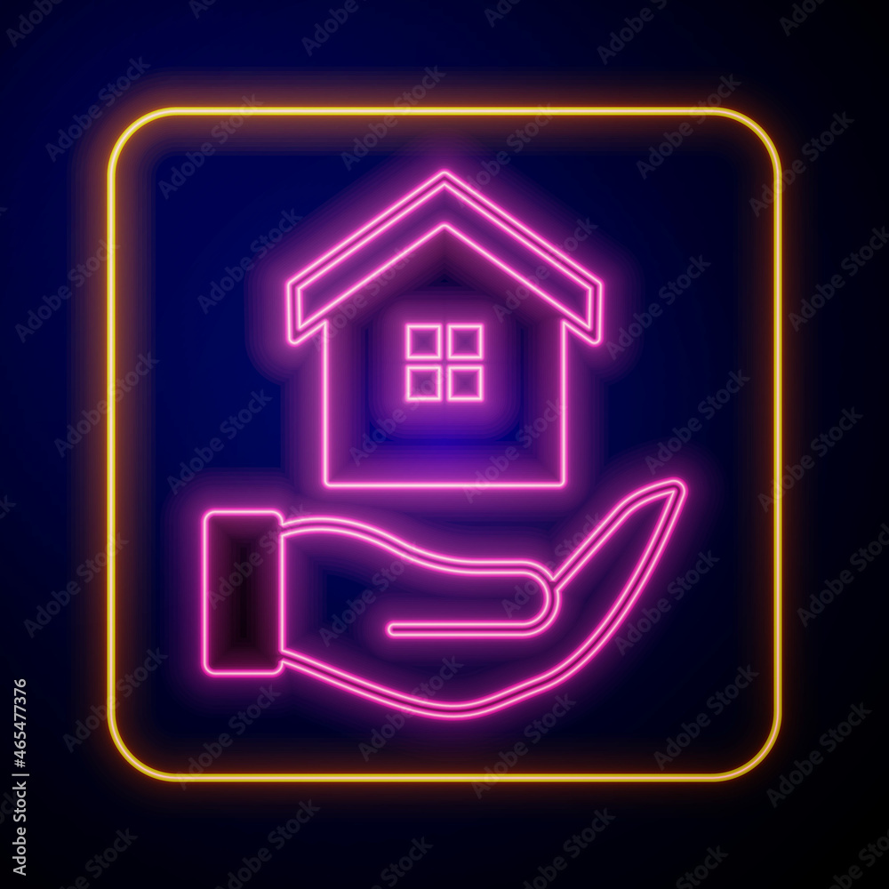 Glowing neon House in hand icon isolated on black background. Insurance concept. Security, safety, protection, protect concept. Vector Glowing neon House in hand icon isolated on black background. Insurance concept. Security, safety, protection, protect concept. Vector