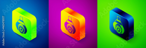 Isometric Grapple crane grabbed a log icon isolated on blue, purple and green background. Forest industry. Industrial crane for lumber trunk wood production. Square button. Vector