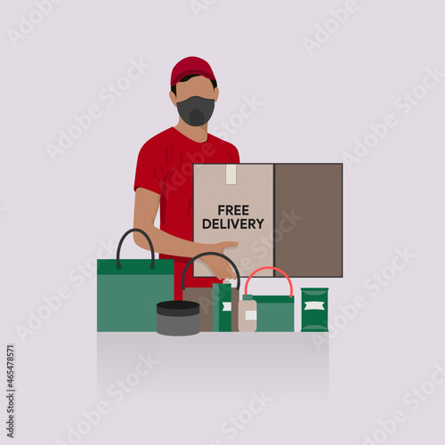 Home delivery advertising flyer. Online order package handover person. Covid safety measures. Groceries free shipping poster. Vector illustration.