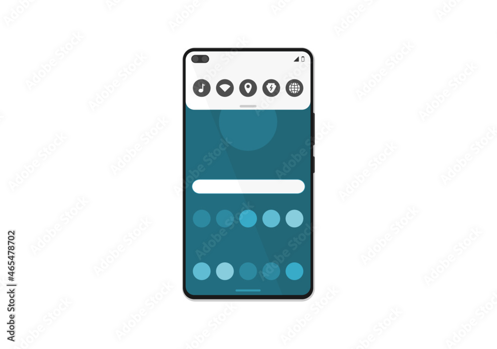 Smartphone home screen quick settings illustration. Android mobile phone UI notification shade. User interface OS. Smartphone home screen quick settings illustration. Android mobile phone UI notification shade. User interface OS.
