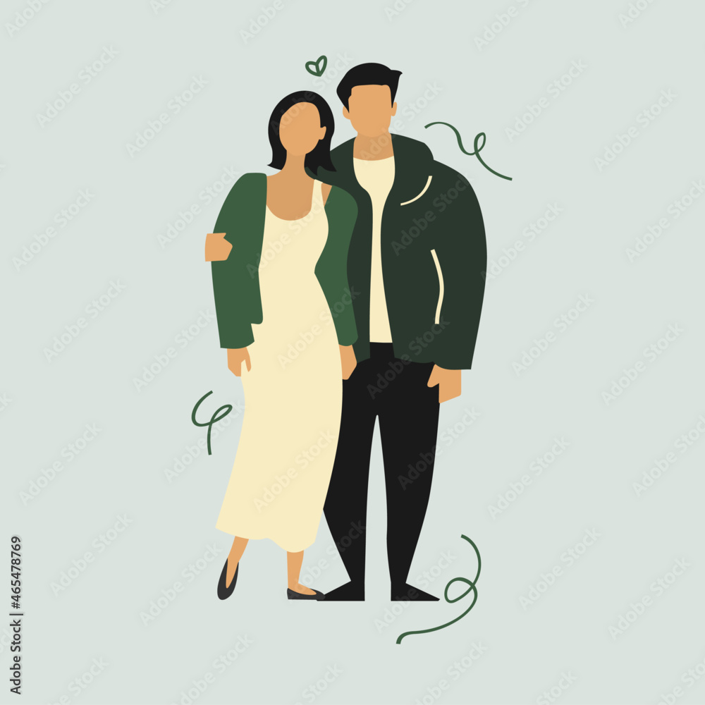 Simple wedding couple. Bridge and groom. Romantic boy and girl in love. Casual dressing matrimony. Flat color vector illustration.