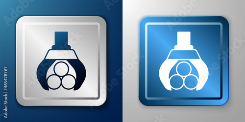 White Grapple crane grabbed a log icon isolated on blue and grey background. Forest industry. Industrial crane for lumber trunk wood production. Silver and blue square button. Vector