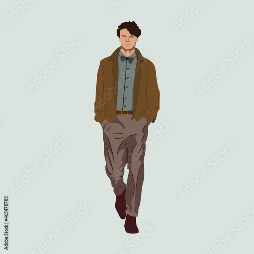 Male model illustration. Walking man in a casual suit. Character Vector drawing.