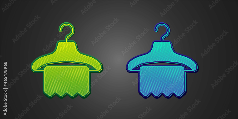 Green and blue Hanger wardrobe icon isolated on black background. Cloakroom icon. Clothes service symbol. Laundry hanger sign. Vector Green and blue Hanger wardrobe icon isolated on black background. Cloakroom icon. Clothes service symbol. Laundry hanger sign. Vector