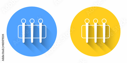 White Needle for sewing icon isolated with long shadow background. Tailor symbol. Textile sew up craft sign. Embroidery tool. Circle button. Vector