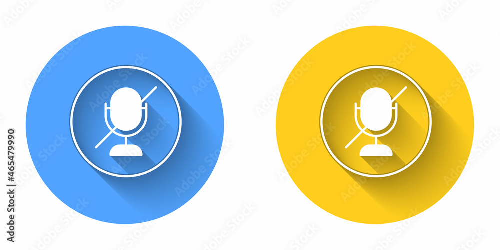 White Mute microphone icon isolated with long shadow background. Microphone audio muted. Circle button. Vector White Mute microphone icon isolated with long shadow background. Microphone audio muted. Circle button. Vector