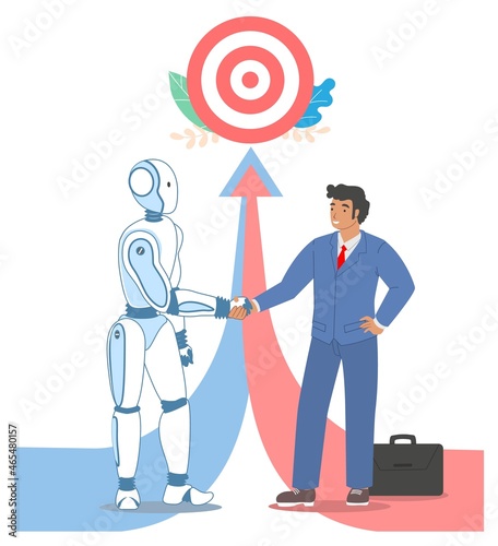 Robot machine businessman handshake, vector illustration. Ai and human future cooperation towards common business goal.