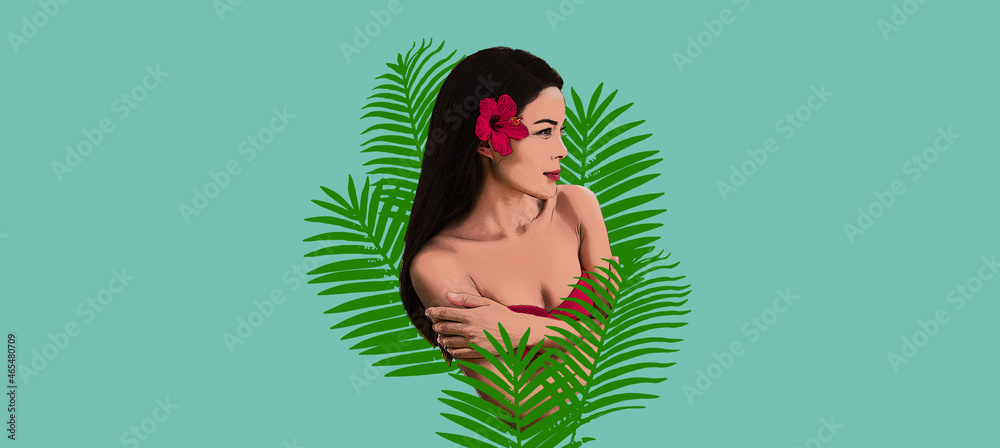 Tropical Asian woman profile on blue banner panoramic header background. Bikini model polynesian concept. - obrazy, fototapety, plakaty 