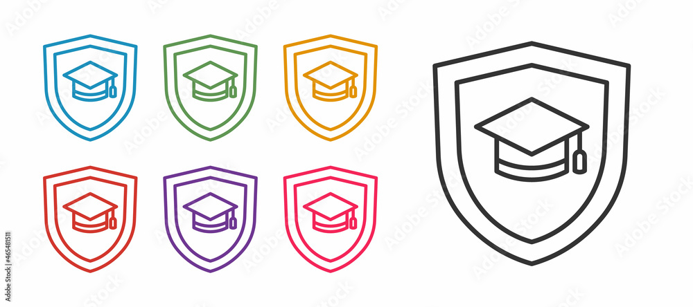 Set line Graduation cap with shield icon isolated on white background. Insurance concept. Security, safety, protection, protect concept. Set icons colorful. Vector