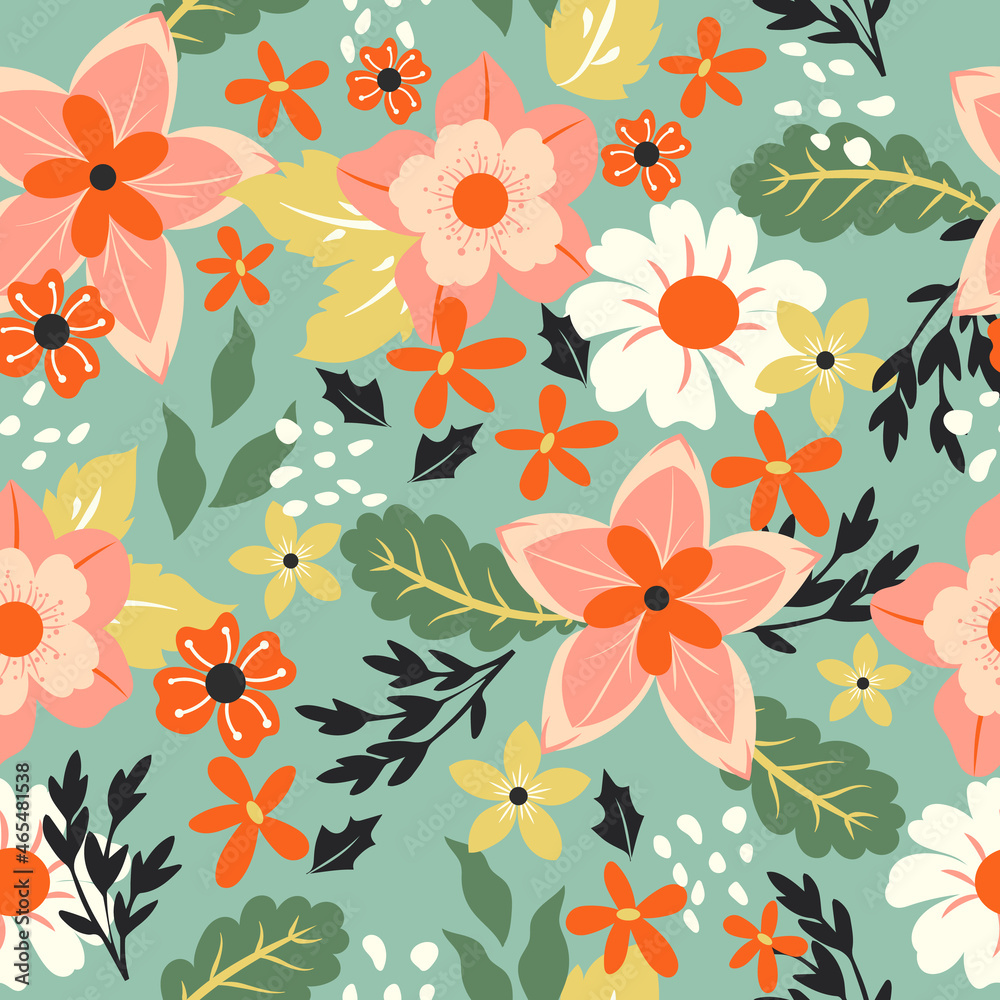 Beautiful pink flower and leaf background seamless pattern. Floral and leaves wallpaper