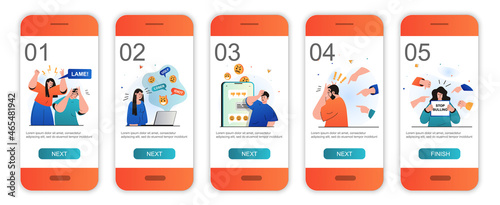 Bullying concept onboarding screens for mobile app templates. People suffer from abuse and stress. Modern UI, UX, GUI screens user interface kit with people scenes for web design. Vector illustration